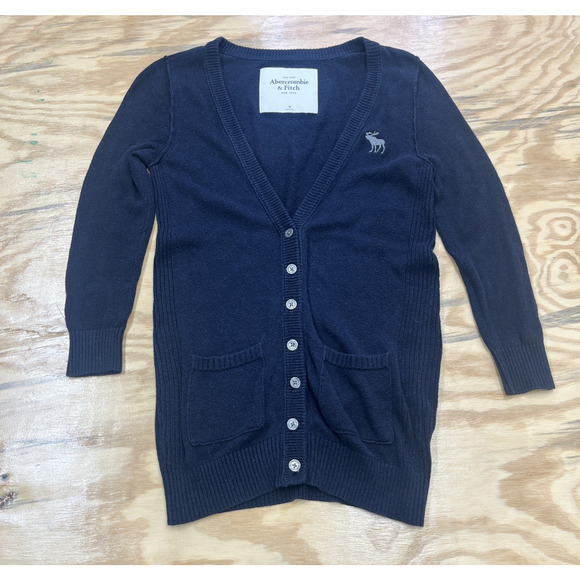 Abercrombie & Fitch Cardigan Sweater Y2K Moose Preppy Size Medium Black Soft - Picture 1 of 11
